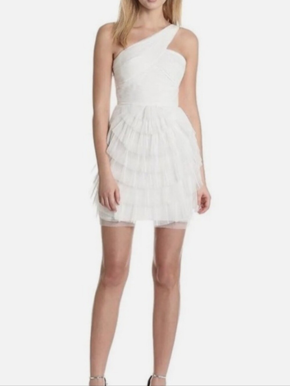 BCBGMaxAzria White One-Shoulder Pleated Ruffle Cocktail Dress
